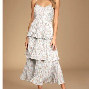 Lulu's Cascading Crush Pale Blue Floral Print Tiered Bustier Midi Dress Size SM